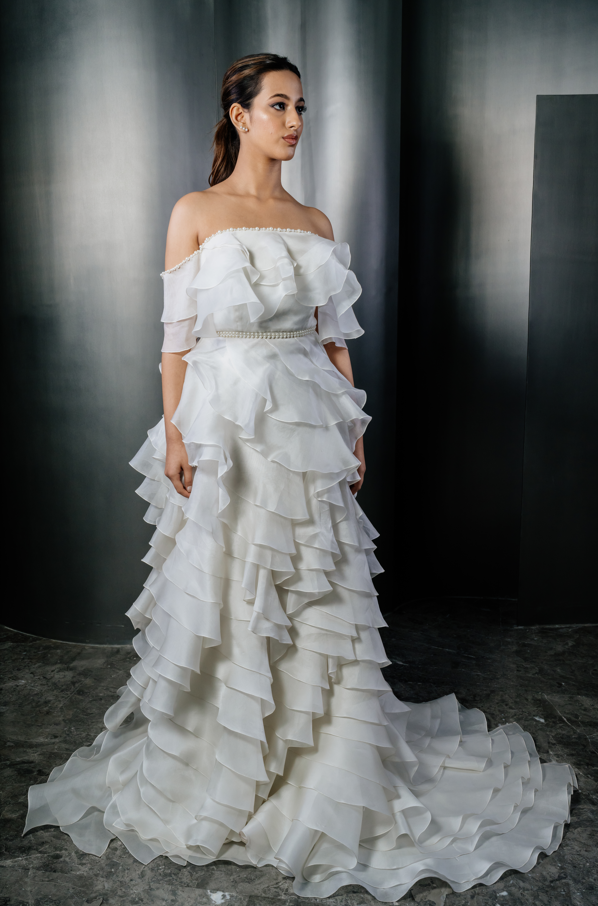 Organza Ruffle Gown With Belt