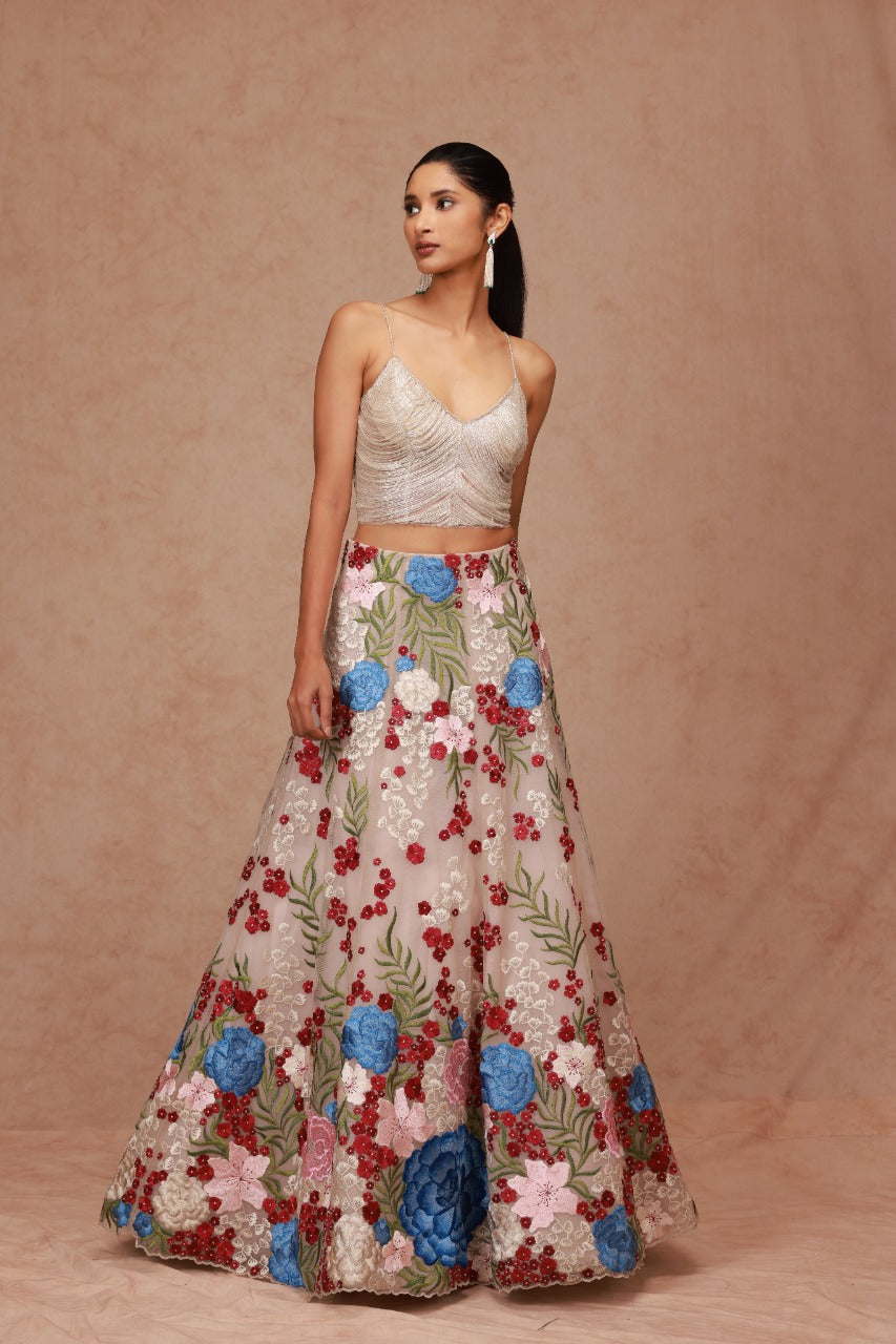 Draped Fringe Blouse with Multi Floral Skirt