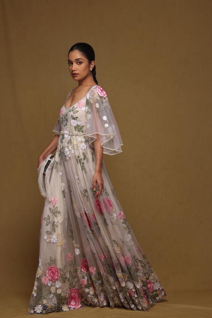 Floral Gown with Pearl Belt