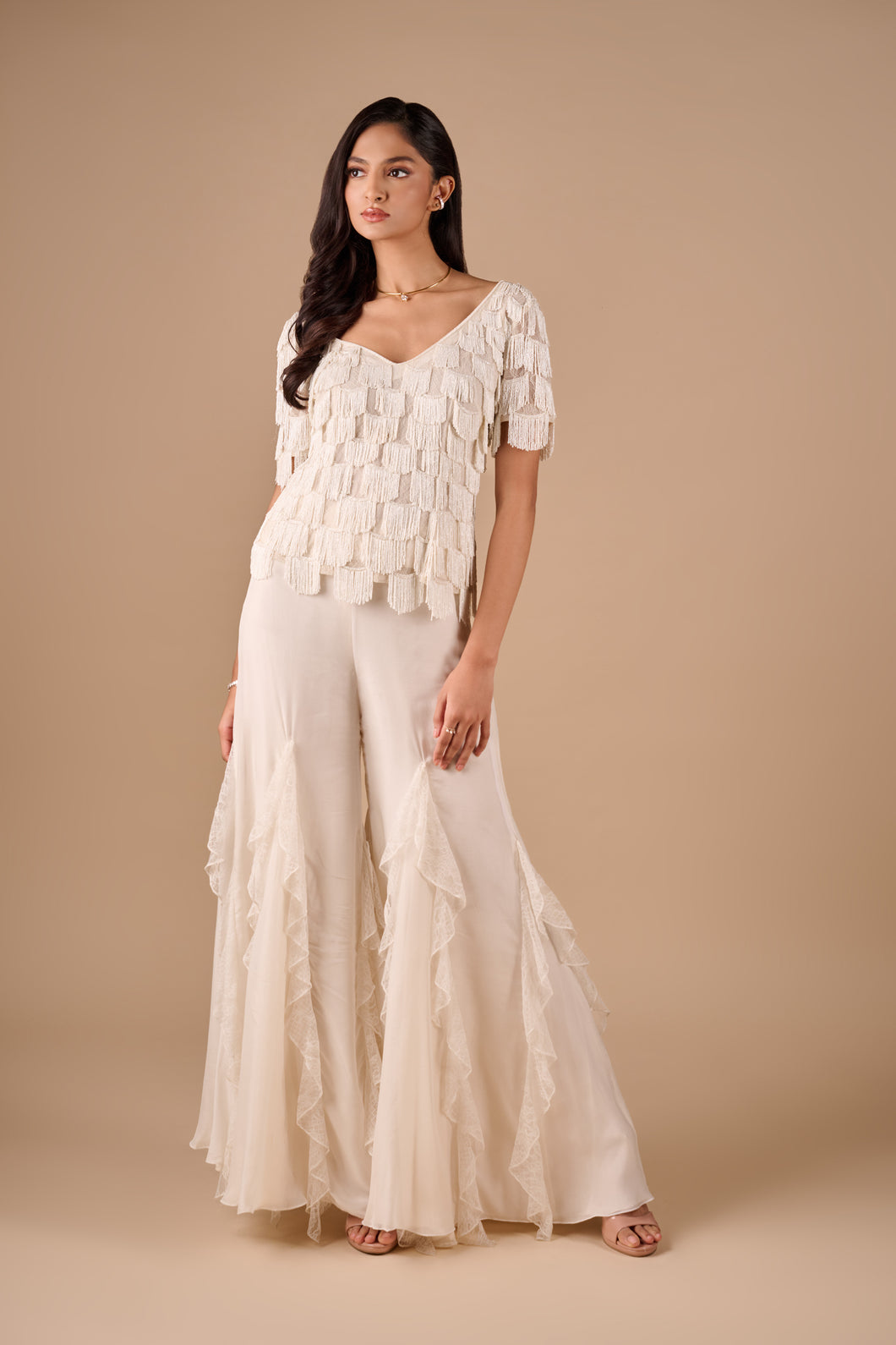 Scallop Fringe Top And Lace Ruffle Godet Pants