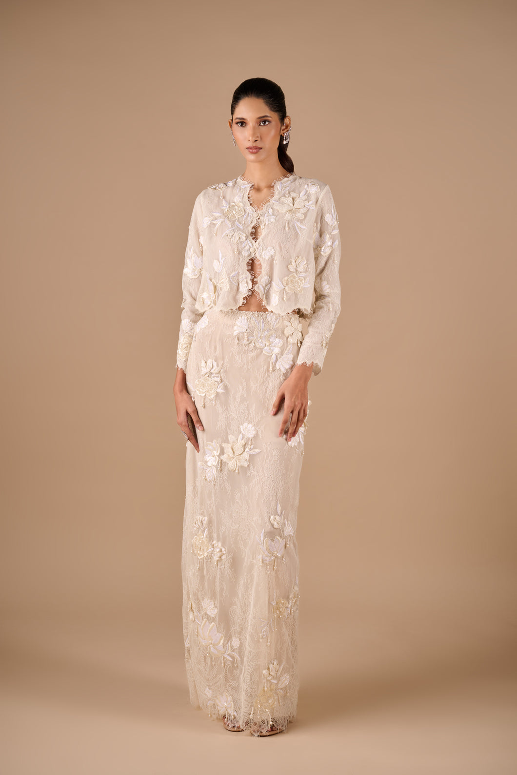 Floral Fringe Lace Jacket And Maxi Skirt