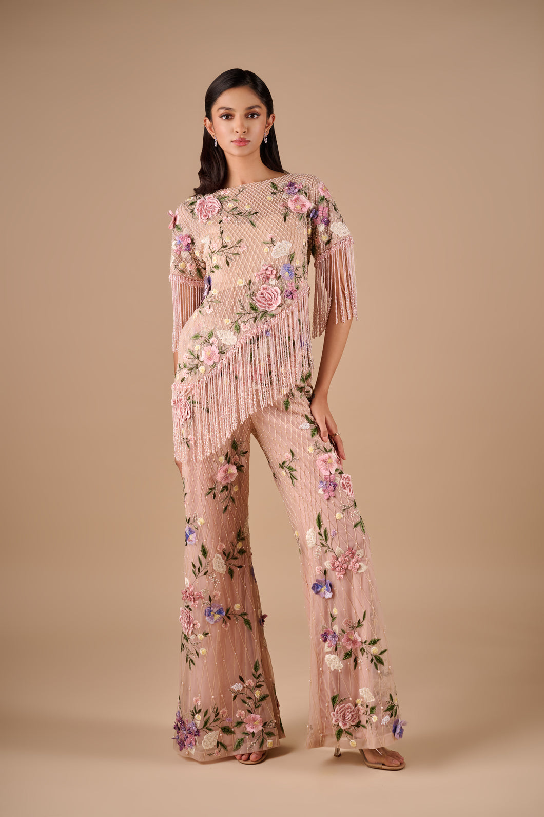 Floral Grid Fringe Top And Flare Pants