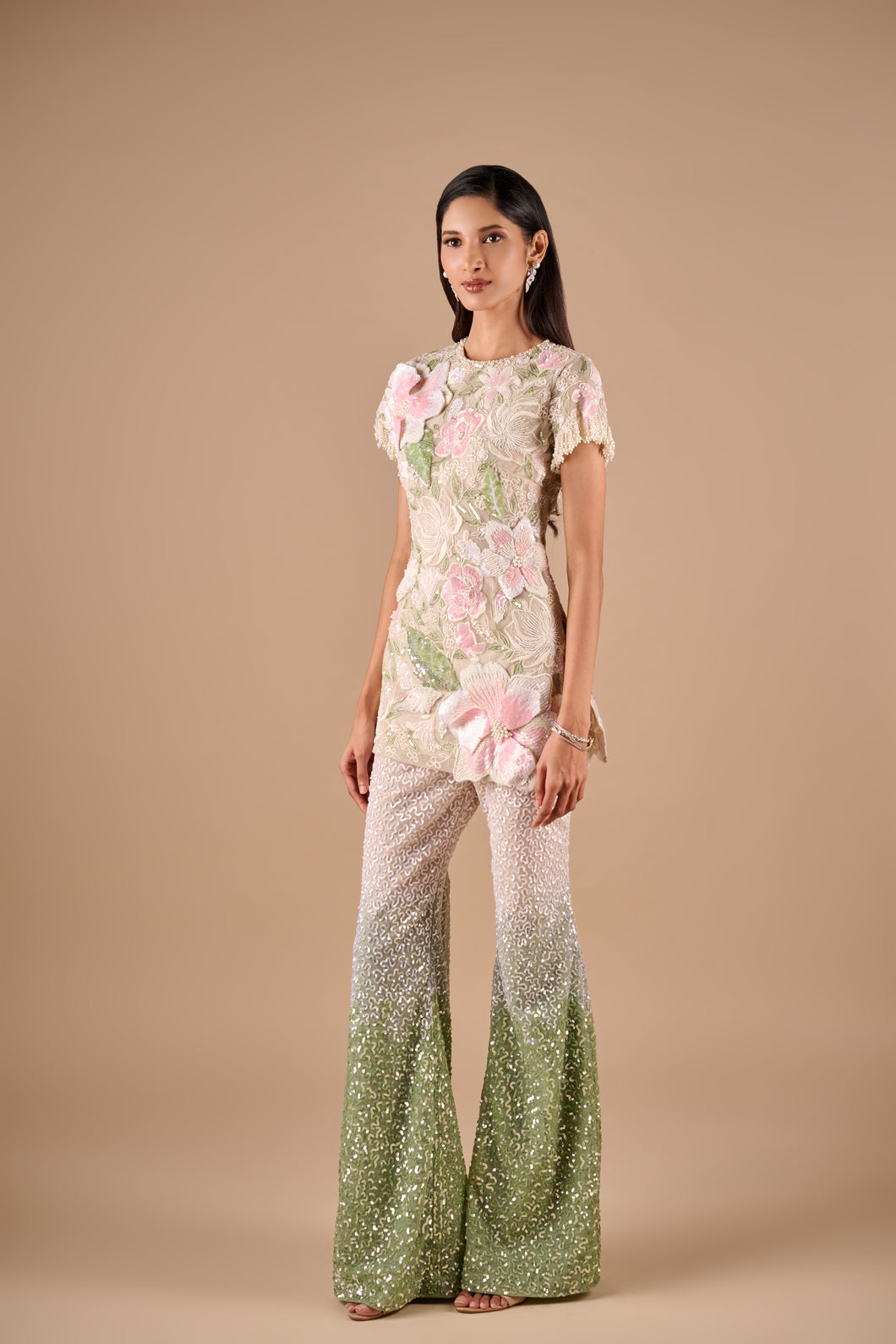 Beaded Floral Tunic And Ombre Sequin Flare Pants