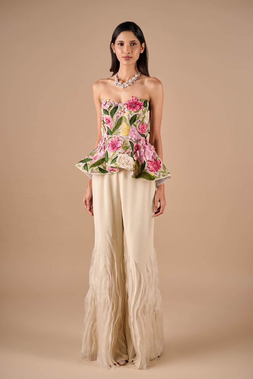 Multi Floral Peplum Top And Textured Flare Pants