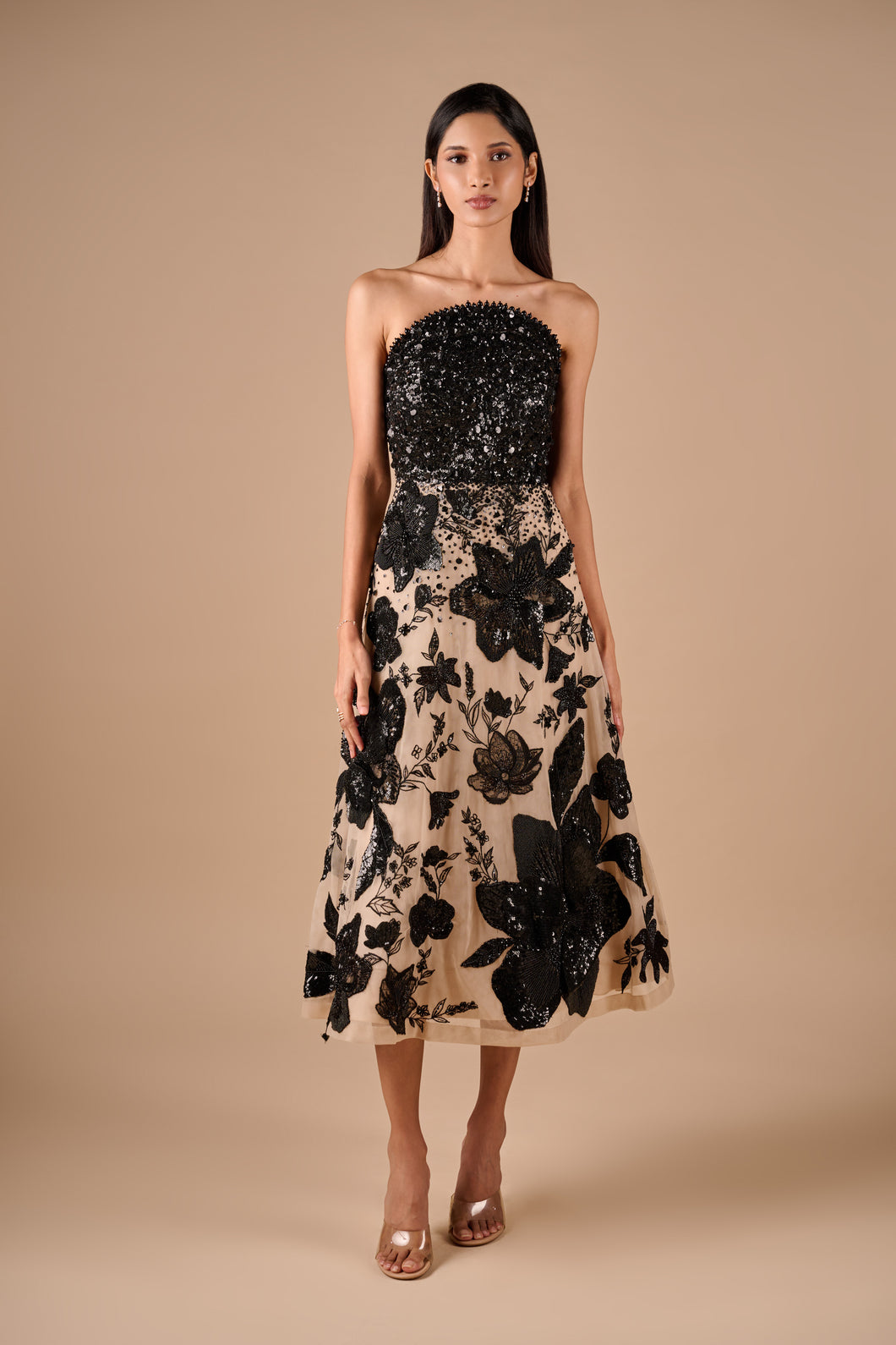3D Floral Beaded Midi Dress