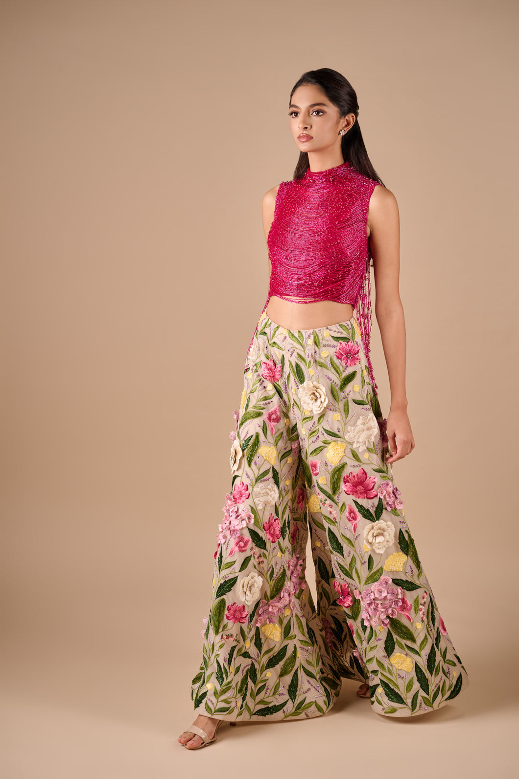 Multi Floral Flare Pants With Fringe Drape Top