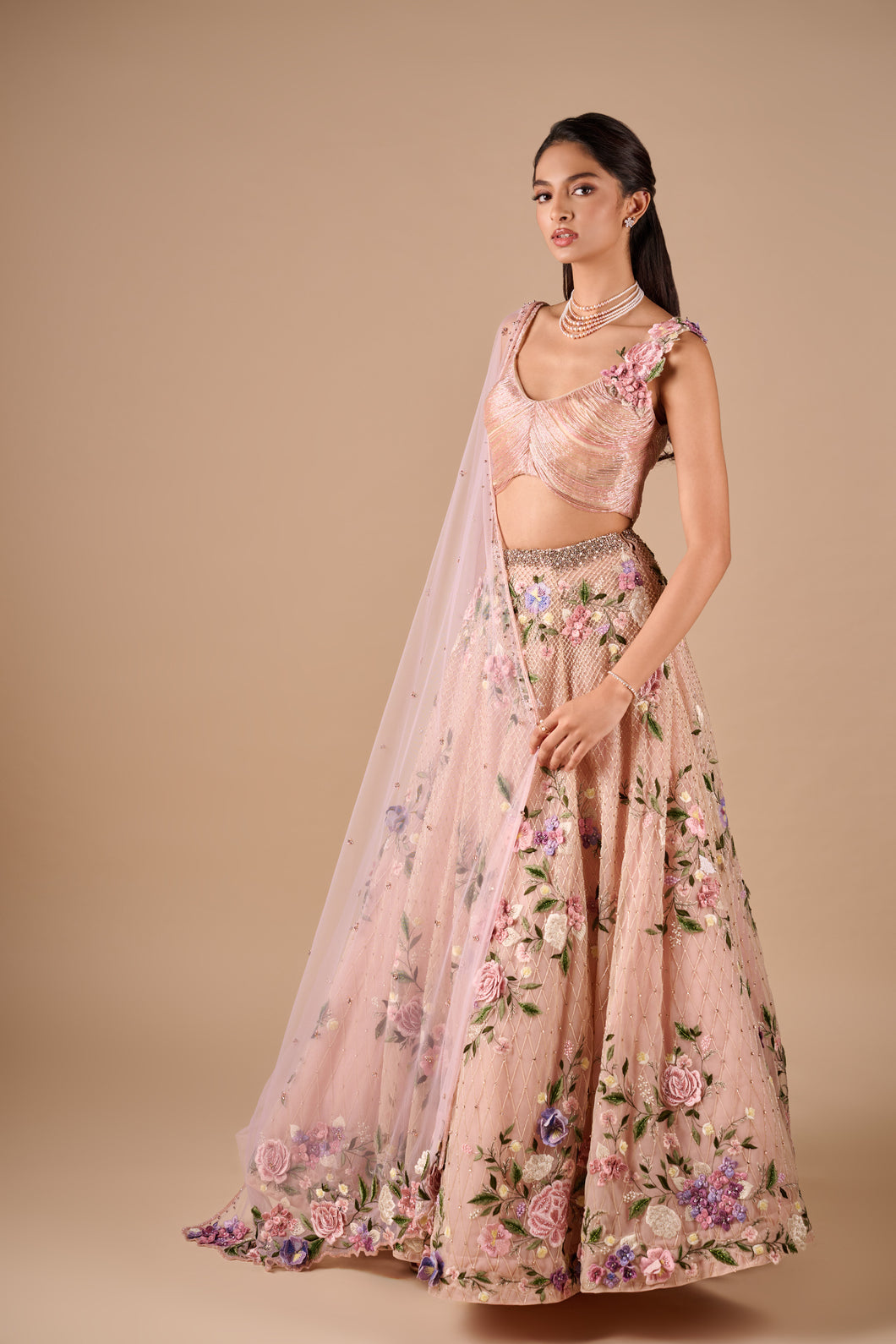 Bridal Floral Skirt With Floral Fringe Blouse And Floral Dupatta