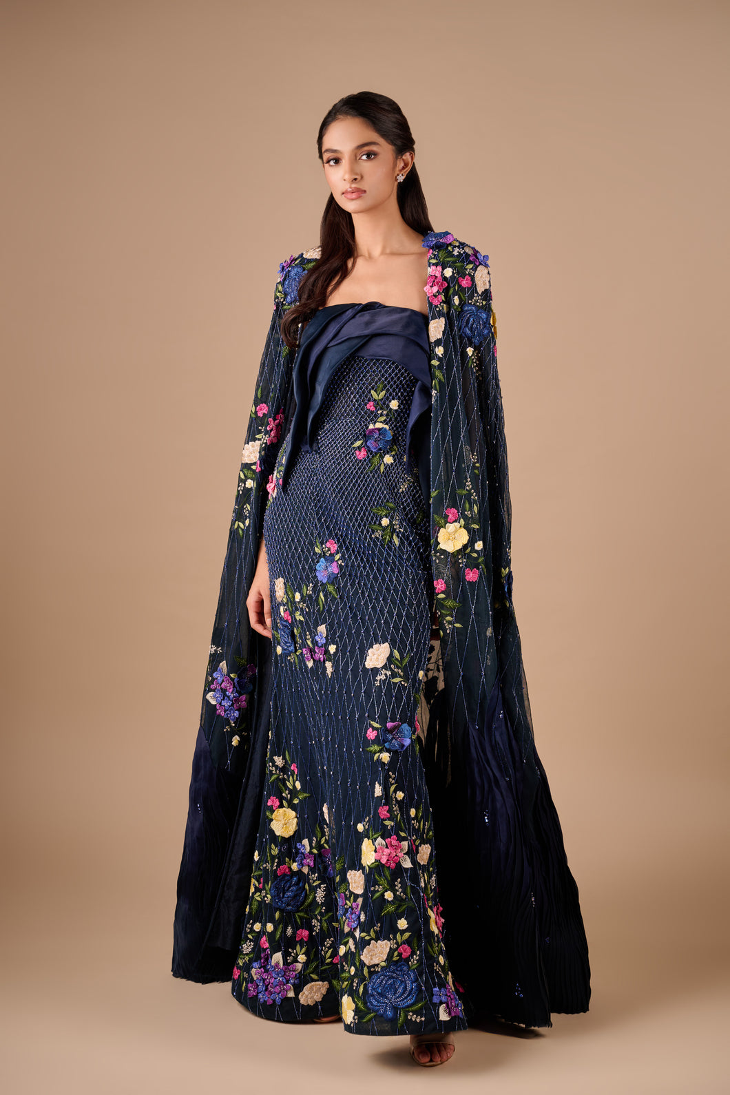 Bridal Drape Column Gown With Floral Textured Cape