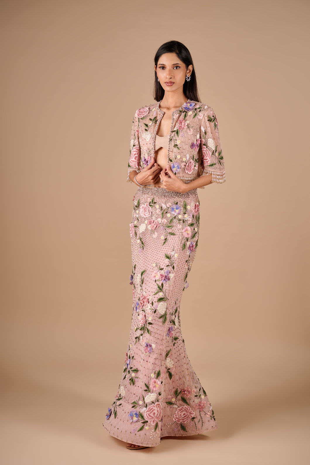 Bridal Fishtail Skirt With Cropped Fringe Jacket And Pleated Bralette