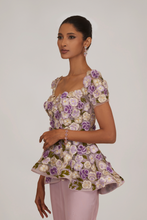 Load image into Gallery viewer, 3D Pansy Peplum Top With Beaded Pants
