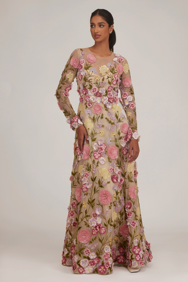 Full Sleeves 3D Floral Embellished OTT Gown