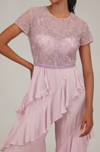 Load image into Gallery viewer, Beaded Ruffle Jumpsuit With Sleeves &amp; Belt
