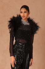 Load image into Gallery viewer, Full Sleeves Crystal Top With Feather Mini Bolero And Sequin Pants
