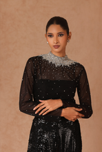Load image into Gallery viewer, Full Sleeves Crystal Top With Feather Mini Bolero And Sequin Pants
