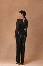 Load image into Gallery viewer, Full Sleeves Crystal Top With Feather Mini Bolero And Sequin Pants
