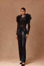 Load image into Gallery viewer, Full Sleeves Crystal Top With Feather Mini Bolero And Sequin Pants
