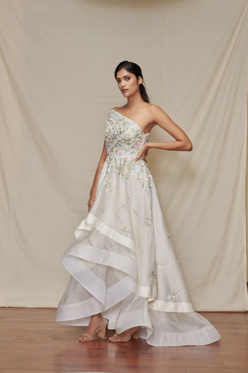 One Shoulder Cascading Gown