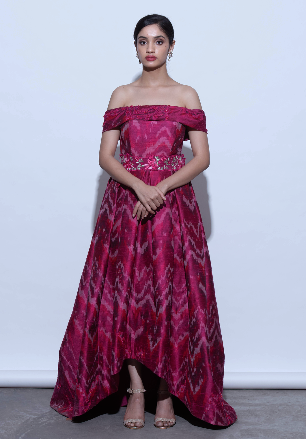 Silk Ikat Hi-lo Embroidered Off-Shoulder Dress