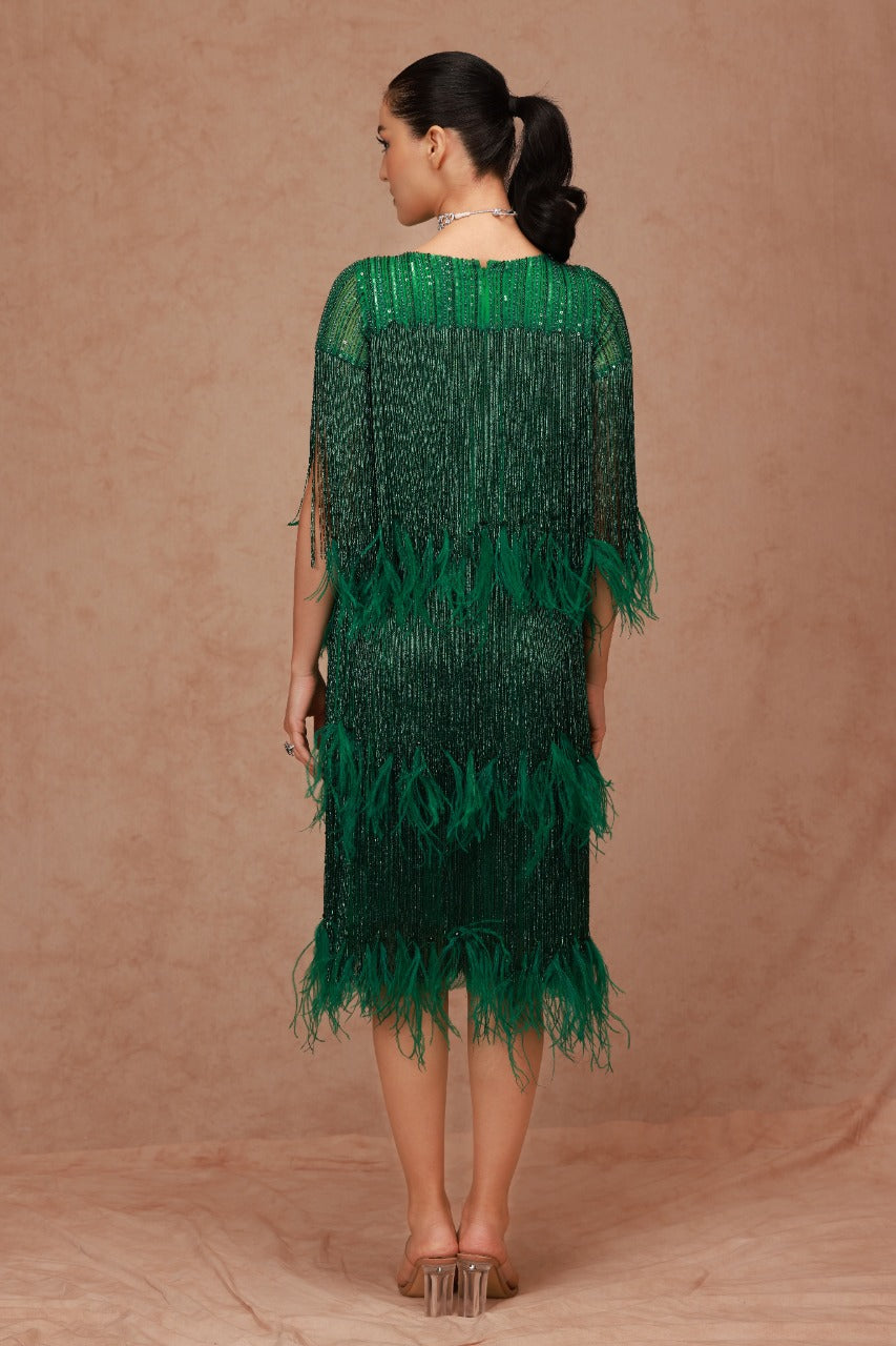 green gavin fringe midi dress EDDY Gavin Embroidered Tie-Back Fringe Mini Dress