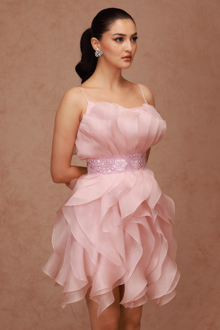 pink dress with belt Spaghetti Ruffle Dress with Belt