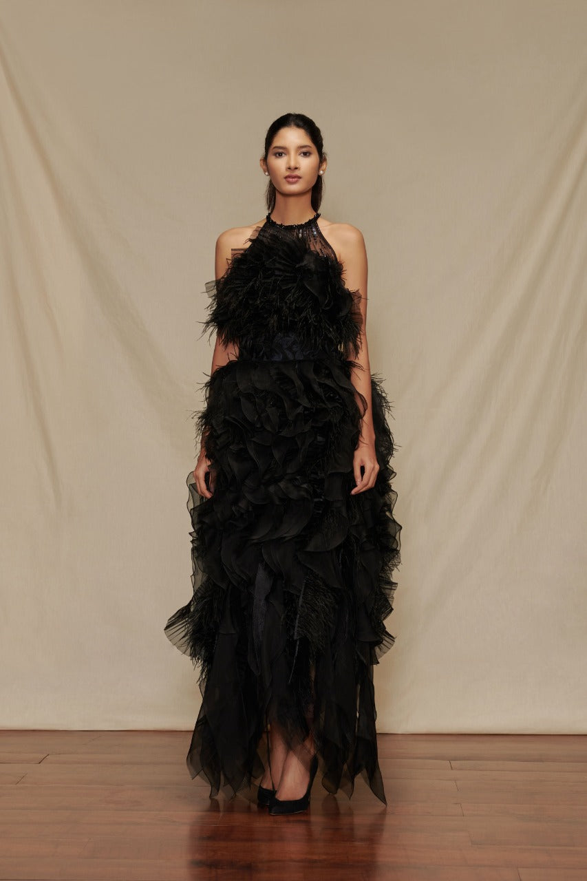 Halter Feather Ruffle Dress with Belt